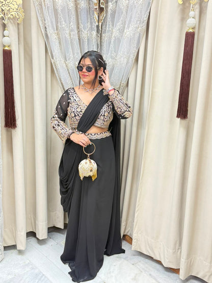 Designer black handwork ready to wear saree