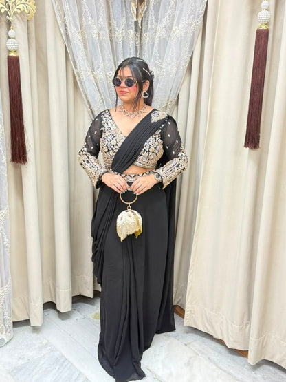 Designer black handwork ready to wear saree
