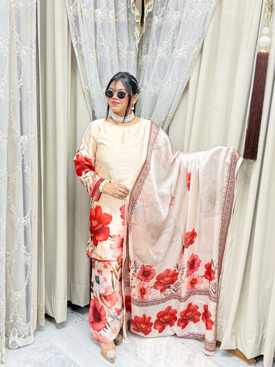 Premium Pure Crepe Silk Digital Floral Print Farshi Suit