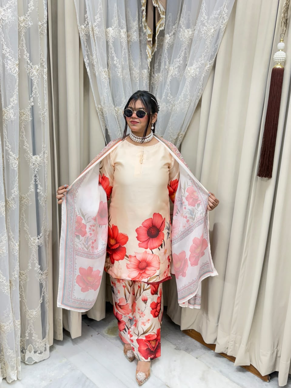 Premium Pure Crepe Silk Digital Floral Print Farshi Suit