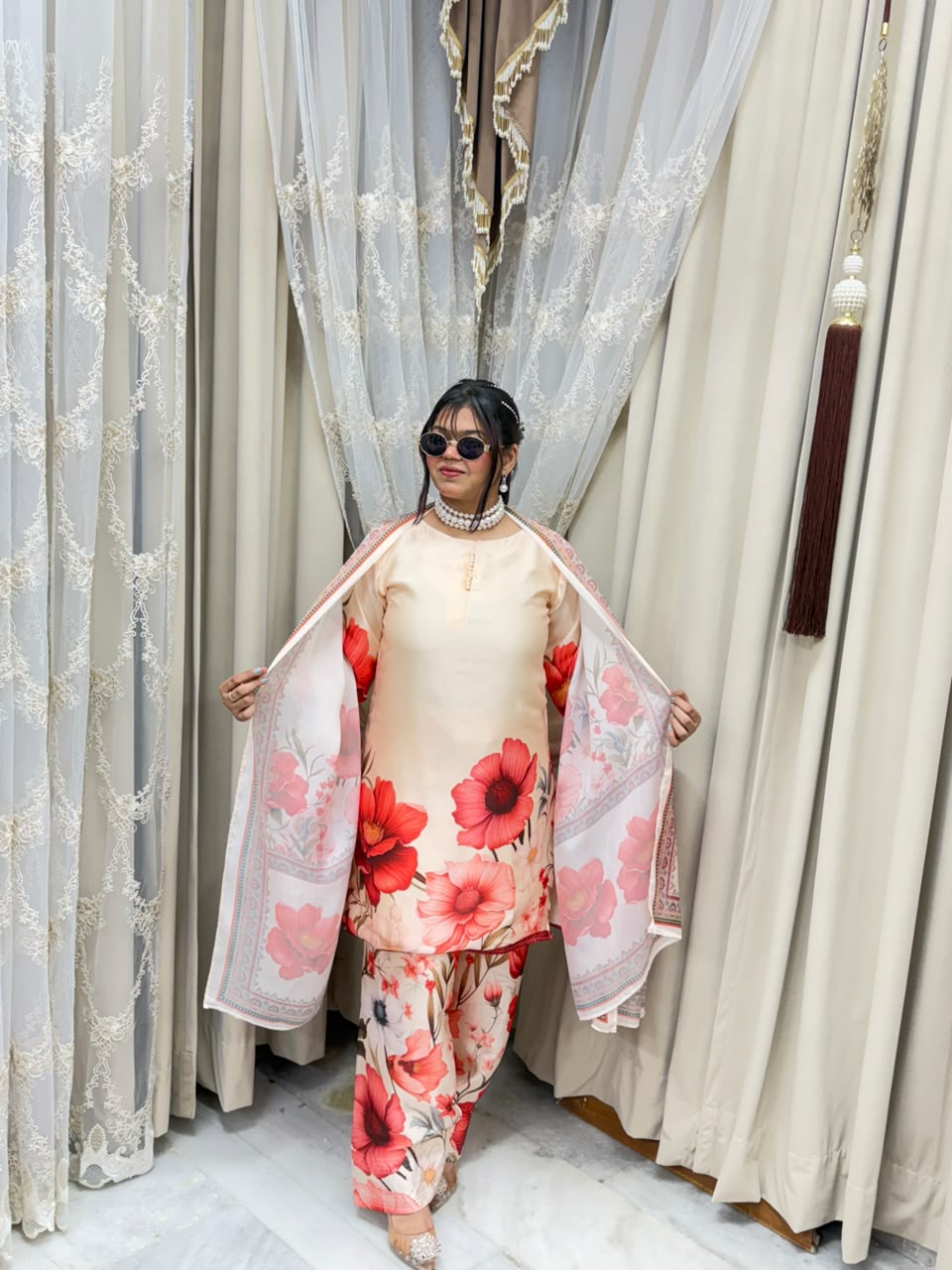 Premium Pure Crepe Silk Digital Floral Print Farshi Suit