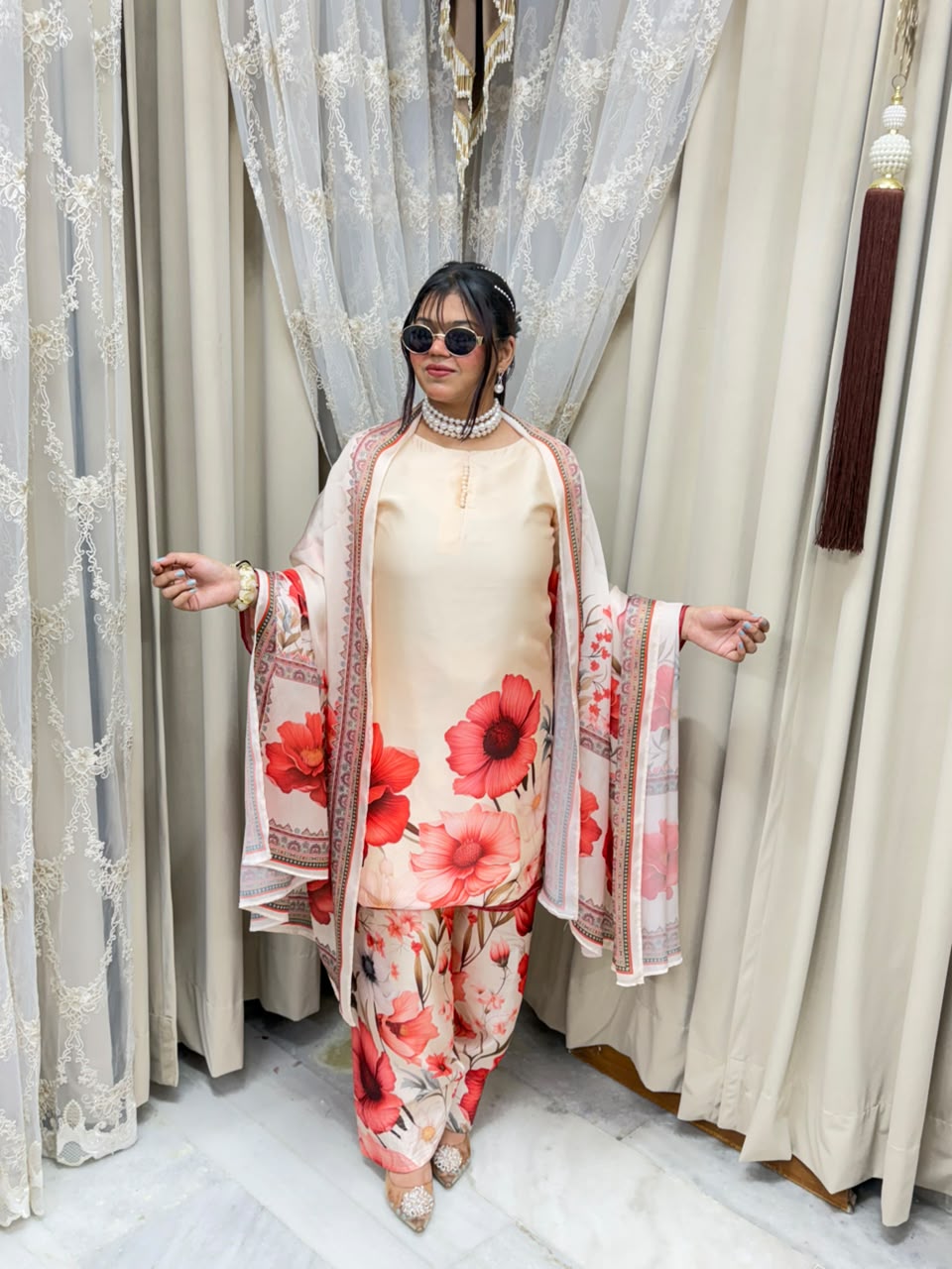 Premium Pure Crepe Silk Digital Floral Print Farshi Suit