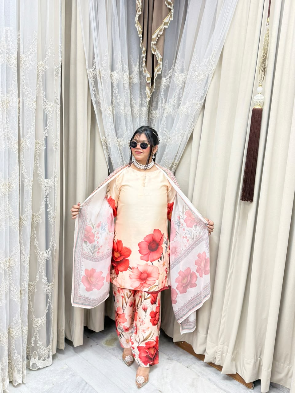 Premium Pure Crepe Silk Digital Floral Print Farshi Suit