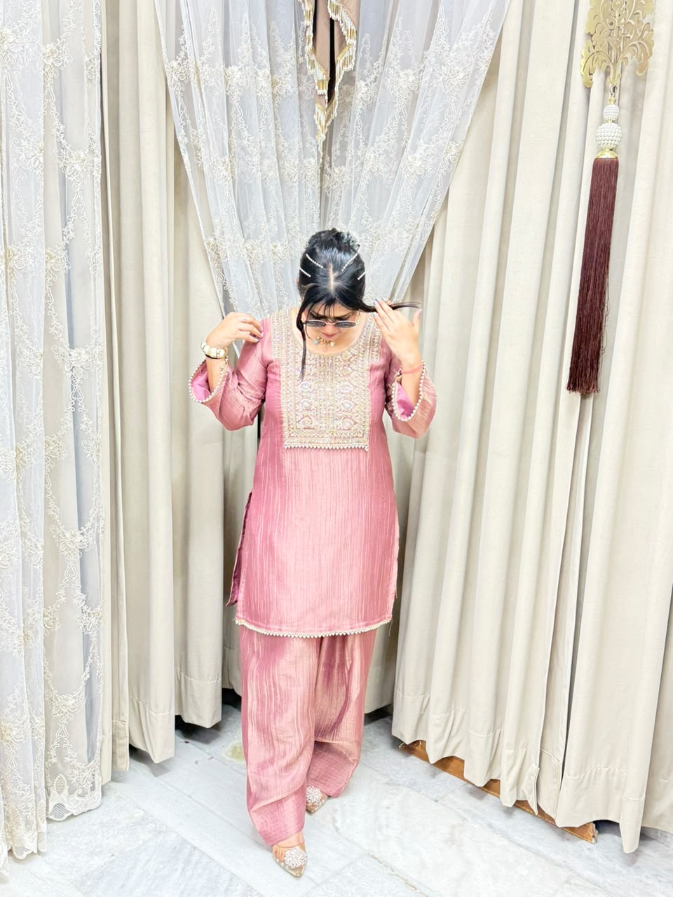 Designer Premium Pure Tissue Farshi Co-ord Set with Handwork