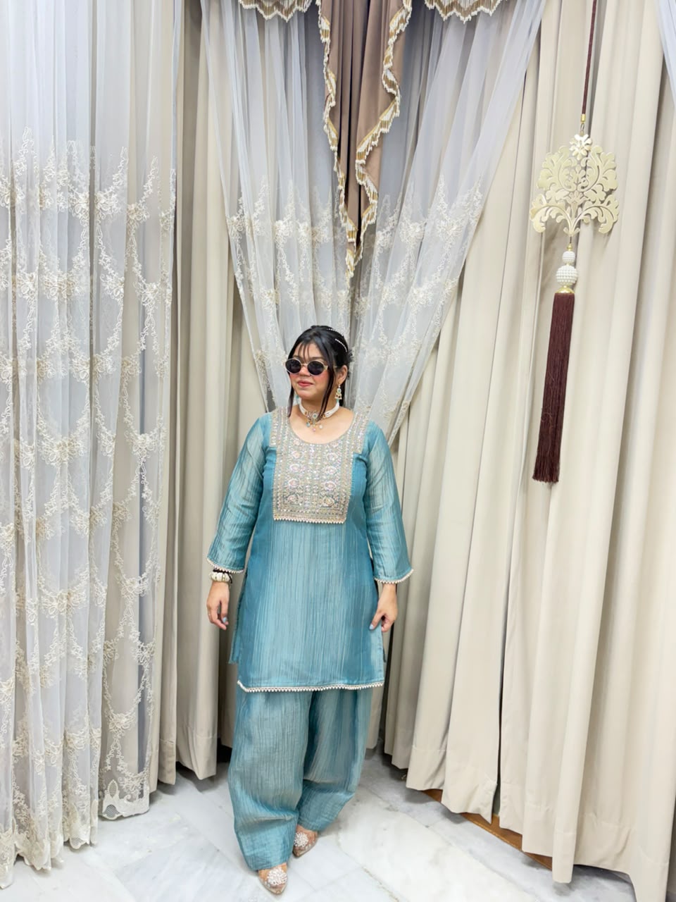 Designer Premium Pure Tissue Farshi Co-ord Set with Handwork