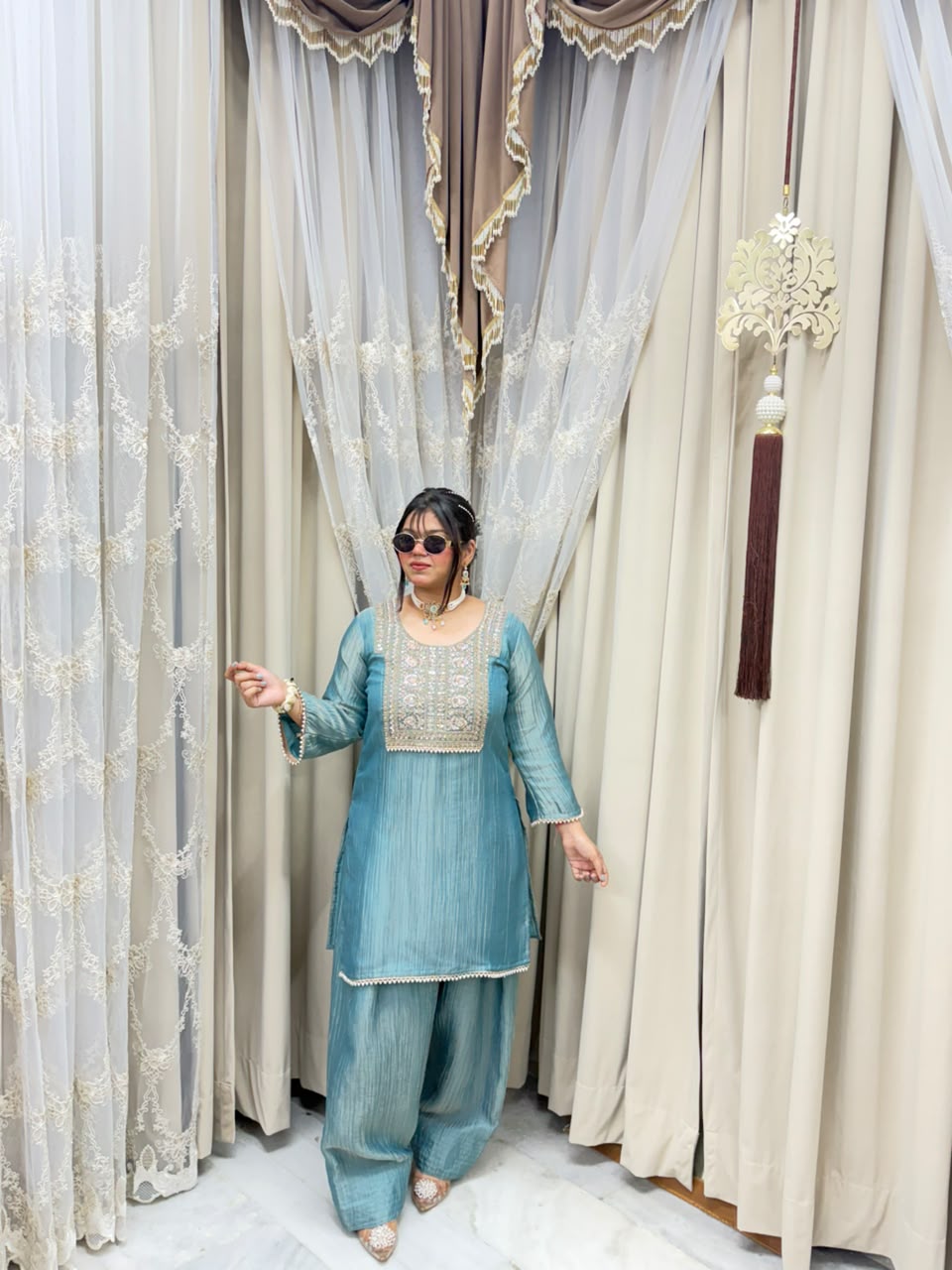 Designer Premium Pure Tissue Farshi Co-ord Set with Handwork