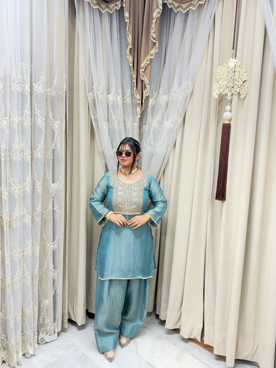 Designer Premium Pure Tissue Farshi Co-ord Set with Handwork