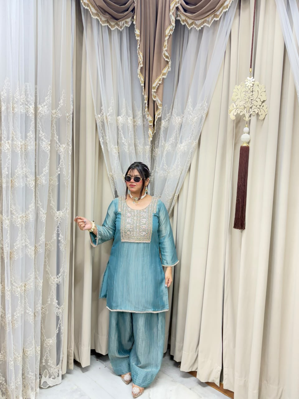 Designer Premium Pure Tissue Farshi Co-ord Set with Handwork