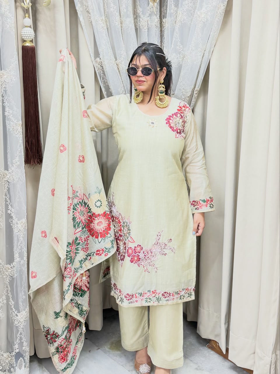 Pure Mul Chanderi Floral Handwork Suit