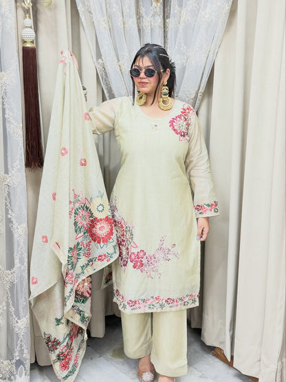 Pure Mul Chanderi Floral Handwork Suit