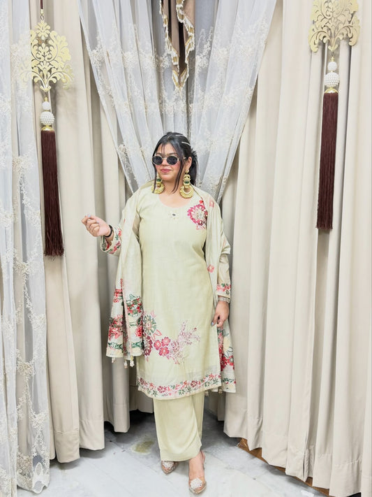 Pure Mul Chanderi Floral Handwork Suit