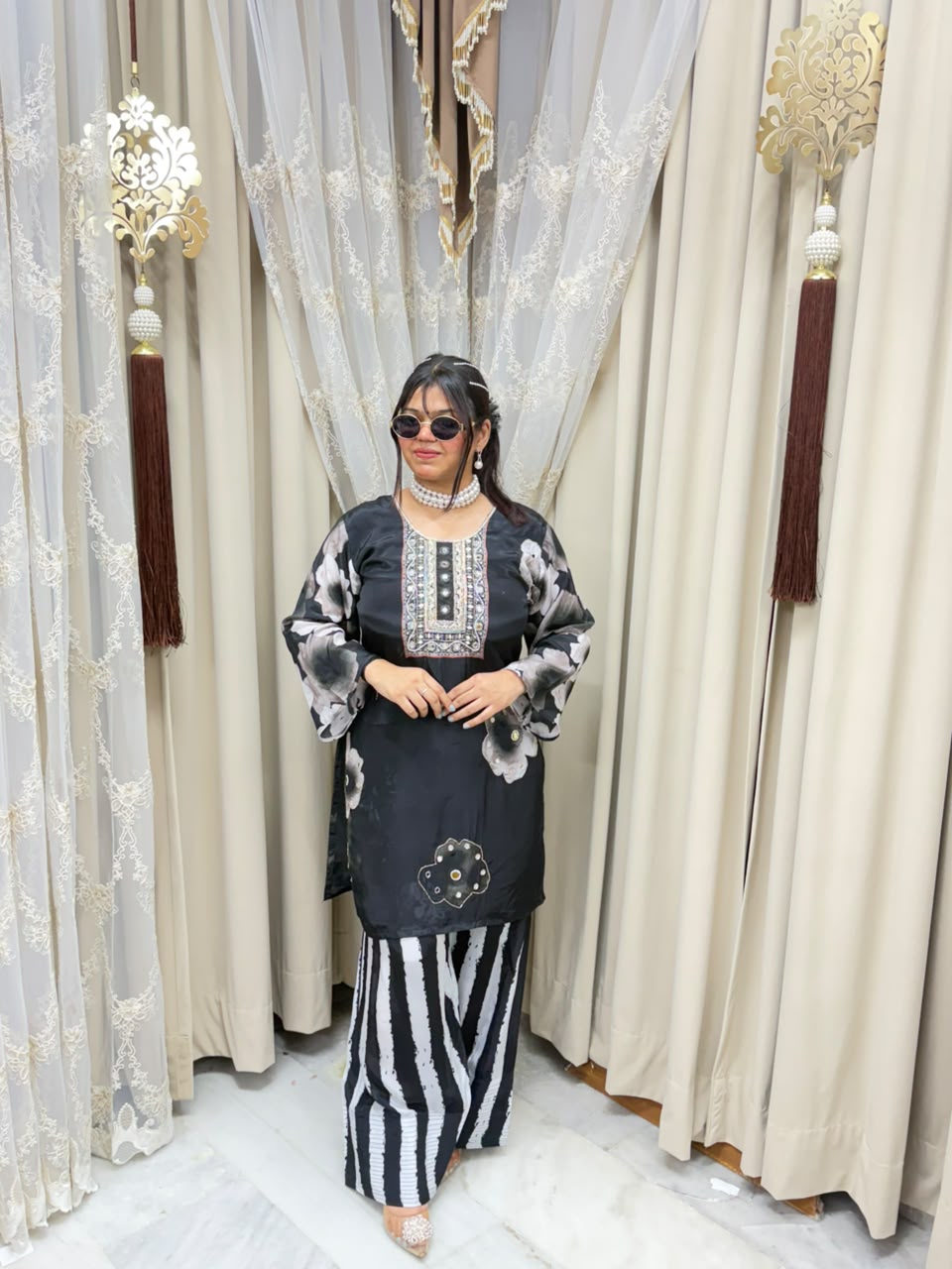 Designer Pure Crepe Floral Co-ord Set with Handwork