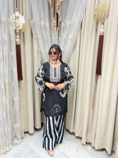 Designer Pure Crepe Floral Co-ord Set with Handwork