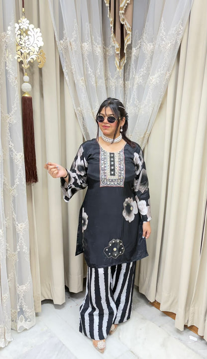 Designer Pure Crepe Floral Co-ord Set with Handwork