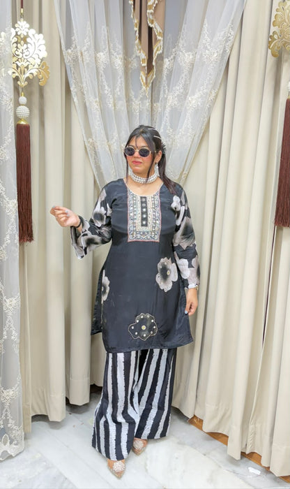 Designer Pure Crepe Floral Co-ord Set with Handwork
