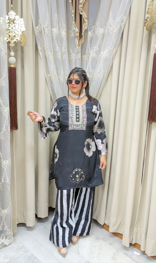 Designer Pure Crepe Floral Co-ord Set with Handwork
