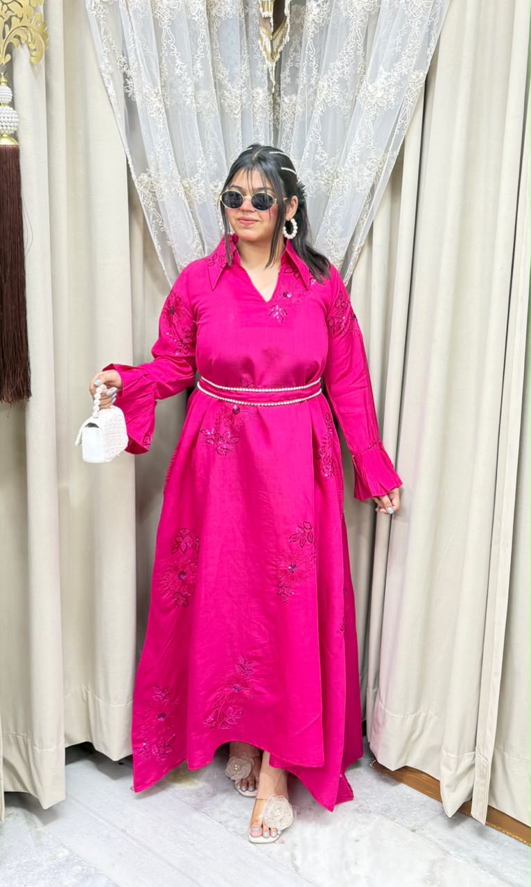 Premium Cotton Silk Embroidered Maxi Dress with Pearl Belt - Pink & Purple