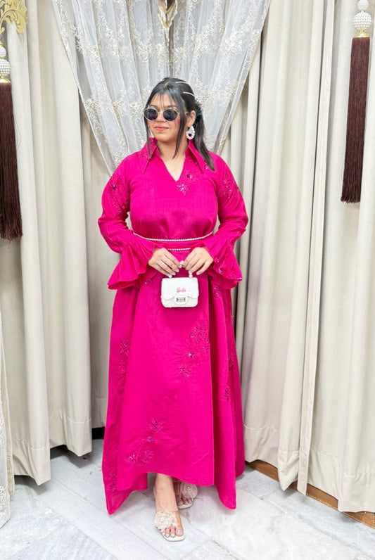 Premium Cotton Silk Embroidered Maxi Dress with Pearl Belt - Pink & Purple