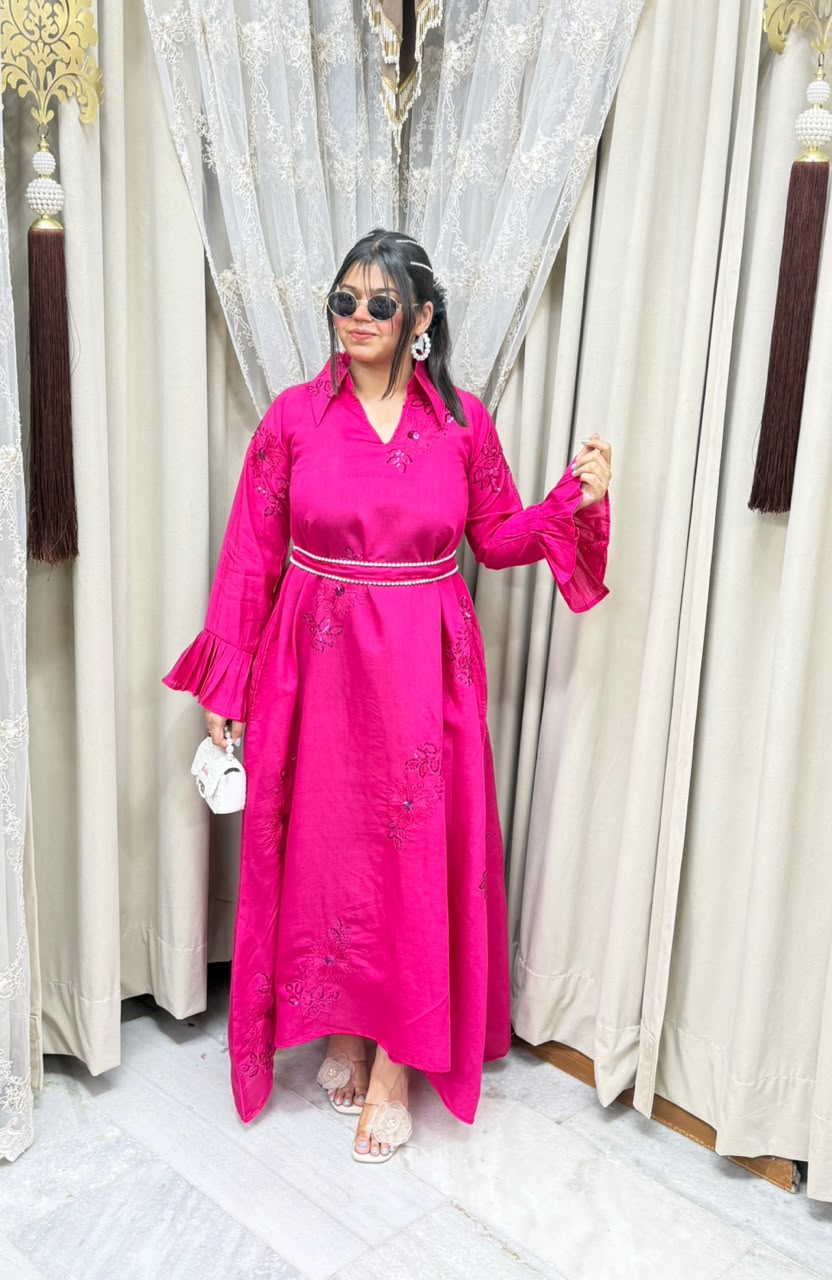 Premium Cotton Silk Embroidered Maxi Dress with Pearl Belt - Pink & Purple