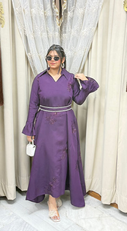 Premium Cotton Silk Embroidered Maxi Dress with Pearl Belt - Pink & Purple
