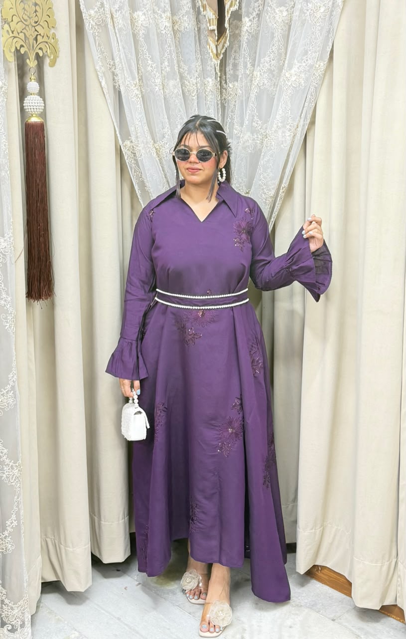 Premium Cotton Silk Embroidered Maxi Dress with Pearl Belt - Pink & Purple