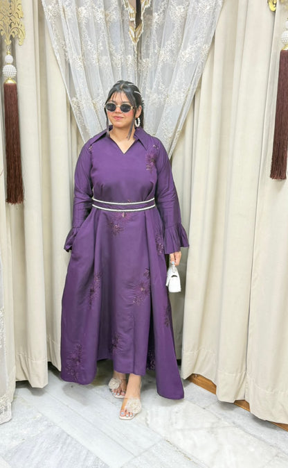 Premium Cotton Silk Embroidered Maxi Dress with Pearl Belt - Pink & Purple