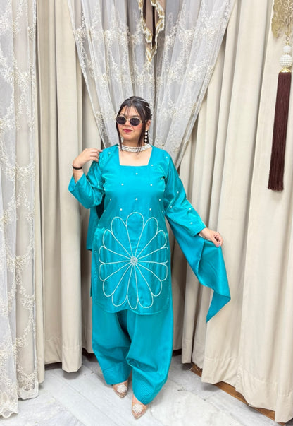 Premium Glass Cotton Silk Designer Pearl Suit Set with Dupatta