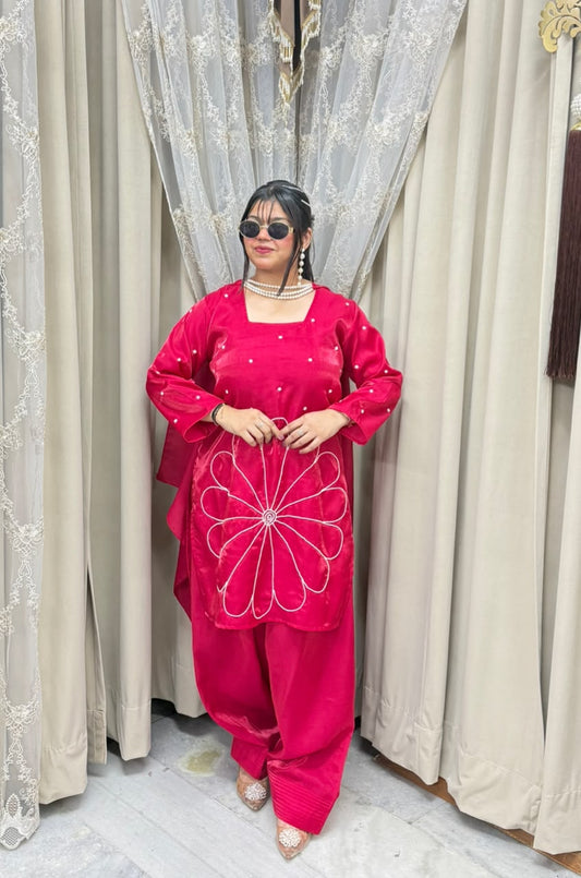 Premium Glass Cotton Silk Designer Pearl Suit Set with Dupatta