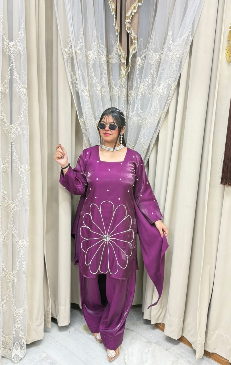 Premium Glass Cotton Silk Designer Pearl Suit Set with Dupatta