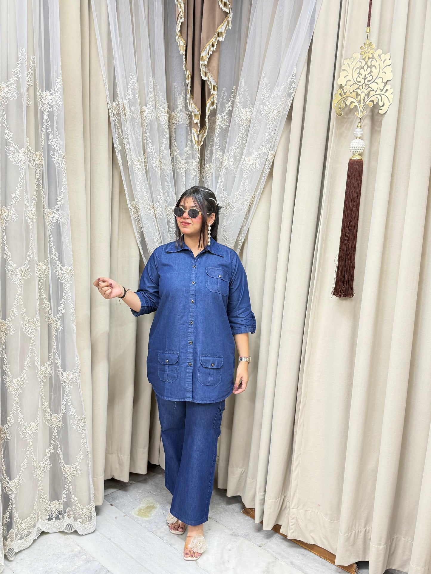 Stylish Soft Denim Cotton Cargo Co-ord Set - Blue