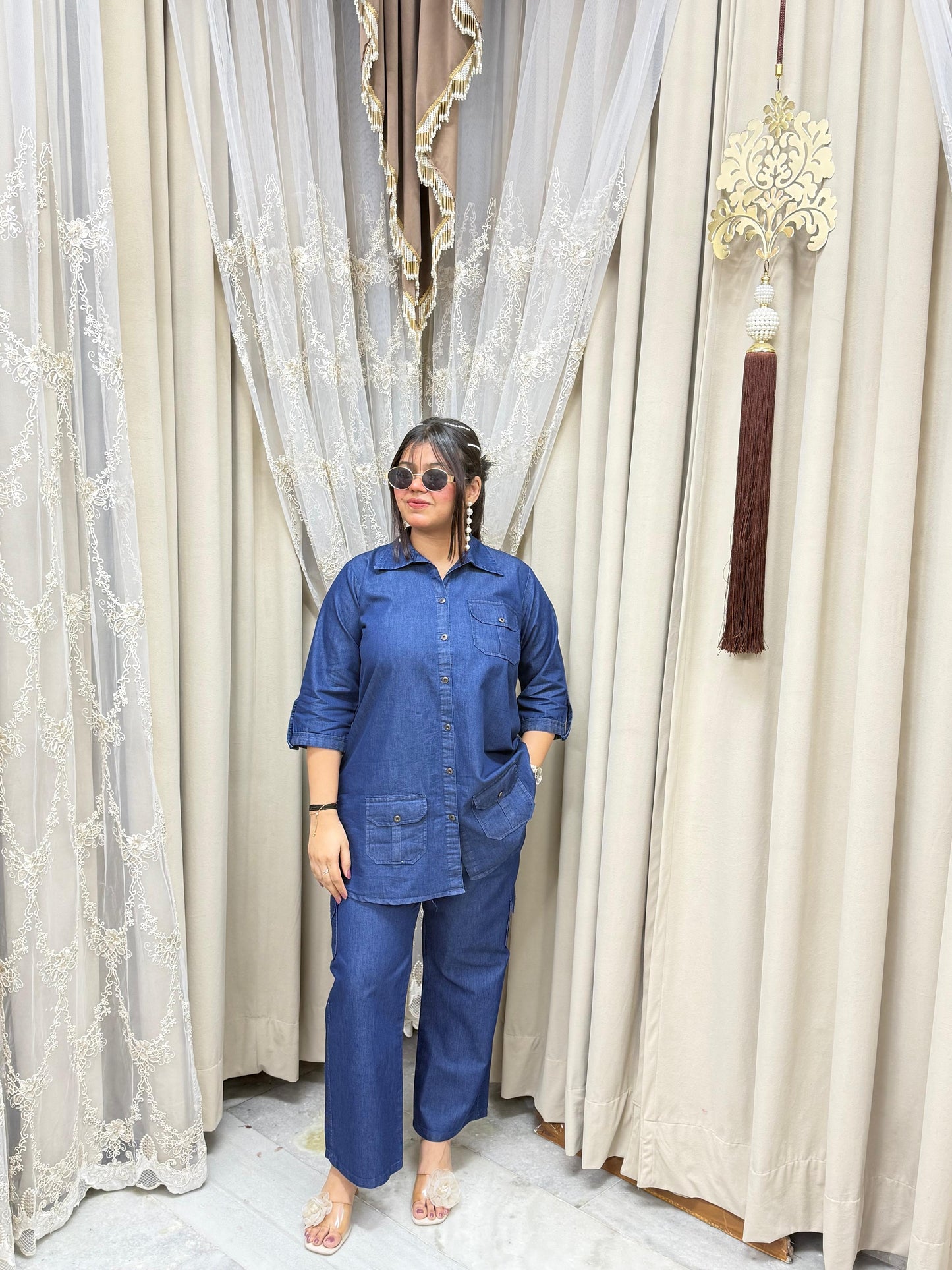 Stylish Soft Denim Cotton Cargo Co-ord Set - Blue