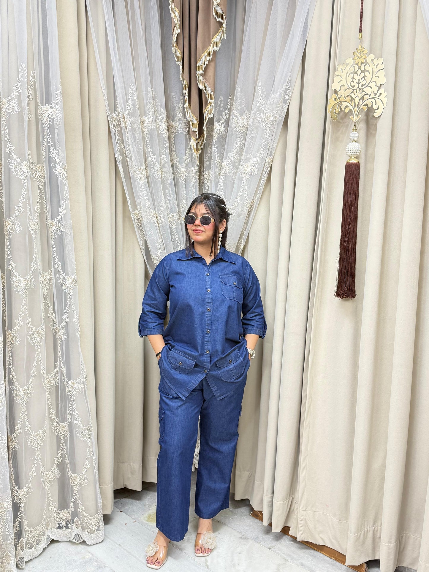 Stylish Soft Denim Cotton Cargo Co-ord Set - Blue