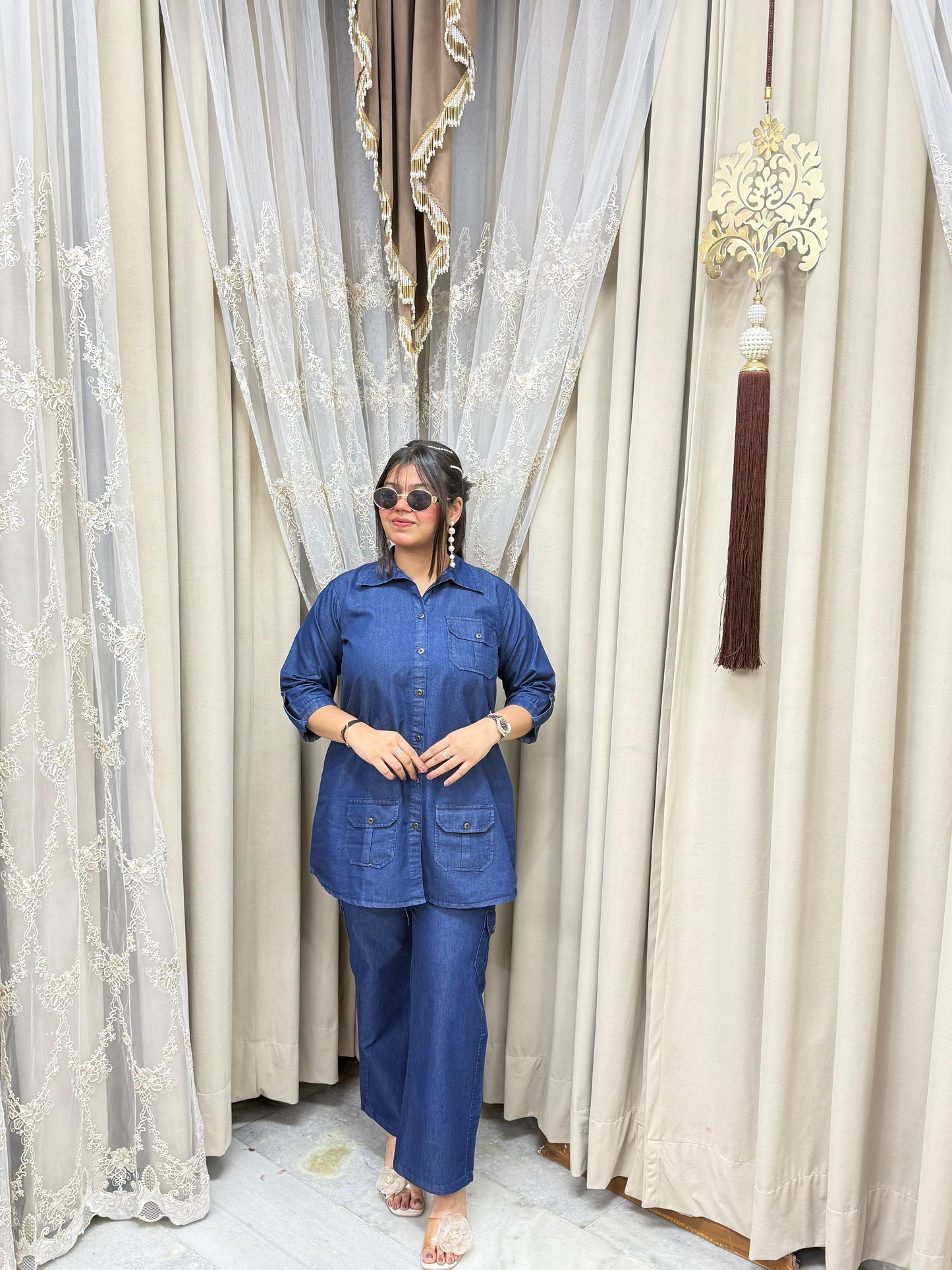 Stylish Soft Denim Cotton Cargo Co-ord Set - Blue