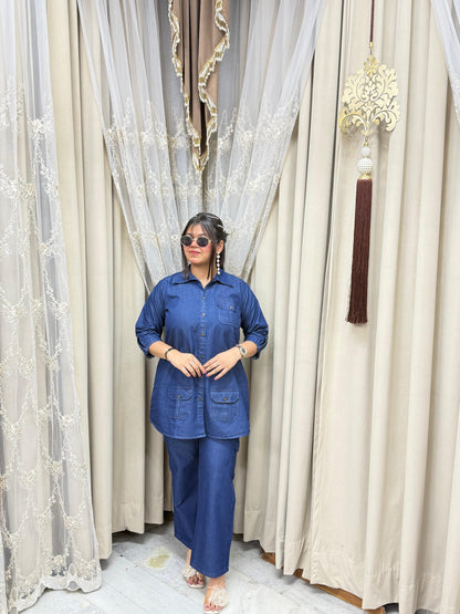 Stylish Soft Denim Cotton Cargo Co-ord Set - Blue
