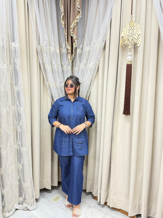 Stylish Soft Denim Cotton Cargo Co-ord Set - Blue