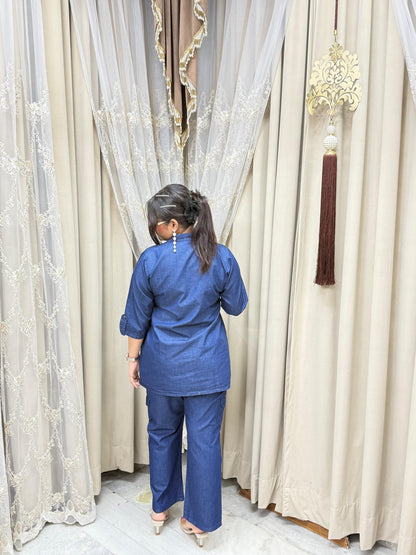 Stylish Soft Denim Cotton Cargo Co-ord Set - Blue