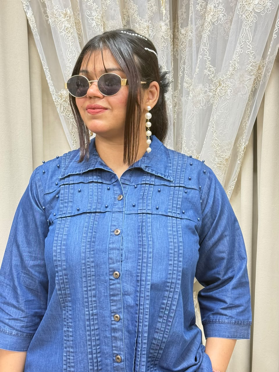 Elegant Soft Denim Pearl Co-ord Set with Pin-Tuck Details - Blue