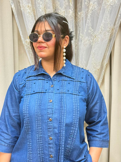 Elegant Soft Denim Pearl Co-ord Set with Pin-Tuck Details - Blue