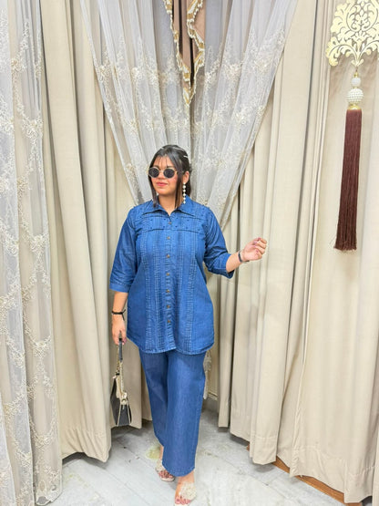 Elegant Soft Denim Pearl Co-ord Set with Pin-Tuck Details - Blue