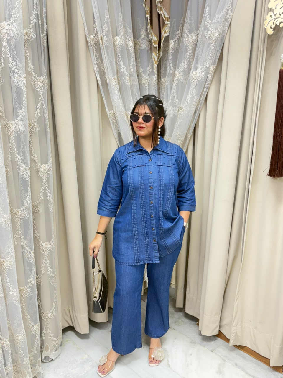 Elegant Soft Denim Pearl Co-ord Set with Pin-Tuck Details - Blue