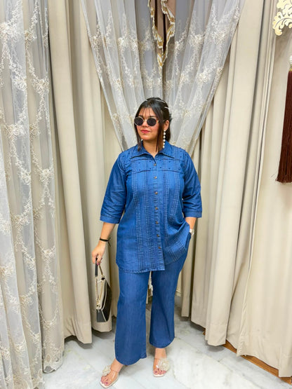 Elegant Soft Denim Pearl Co-ord Set with Pin-Tuck Details - Blue