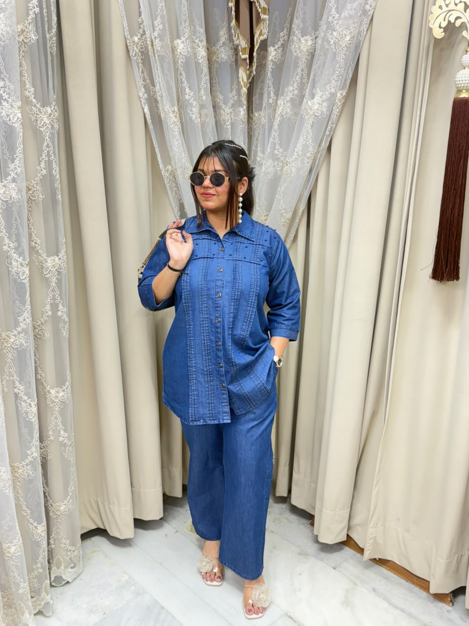 Elegant Soft Denim Pearl Co-ord Set with Pin-Tuck Details - Blue