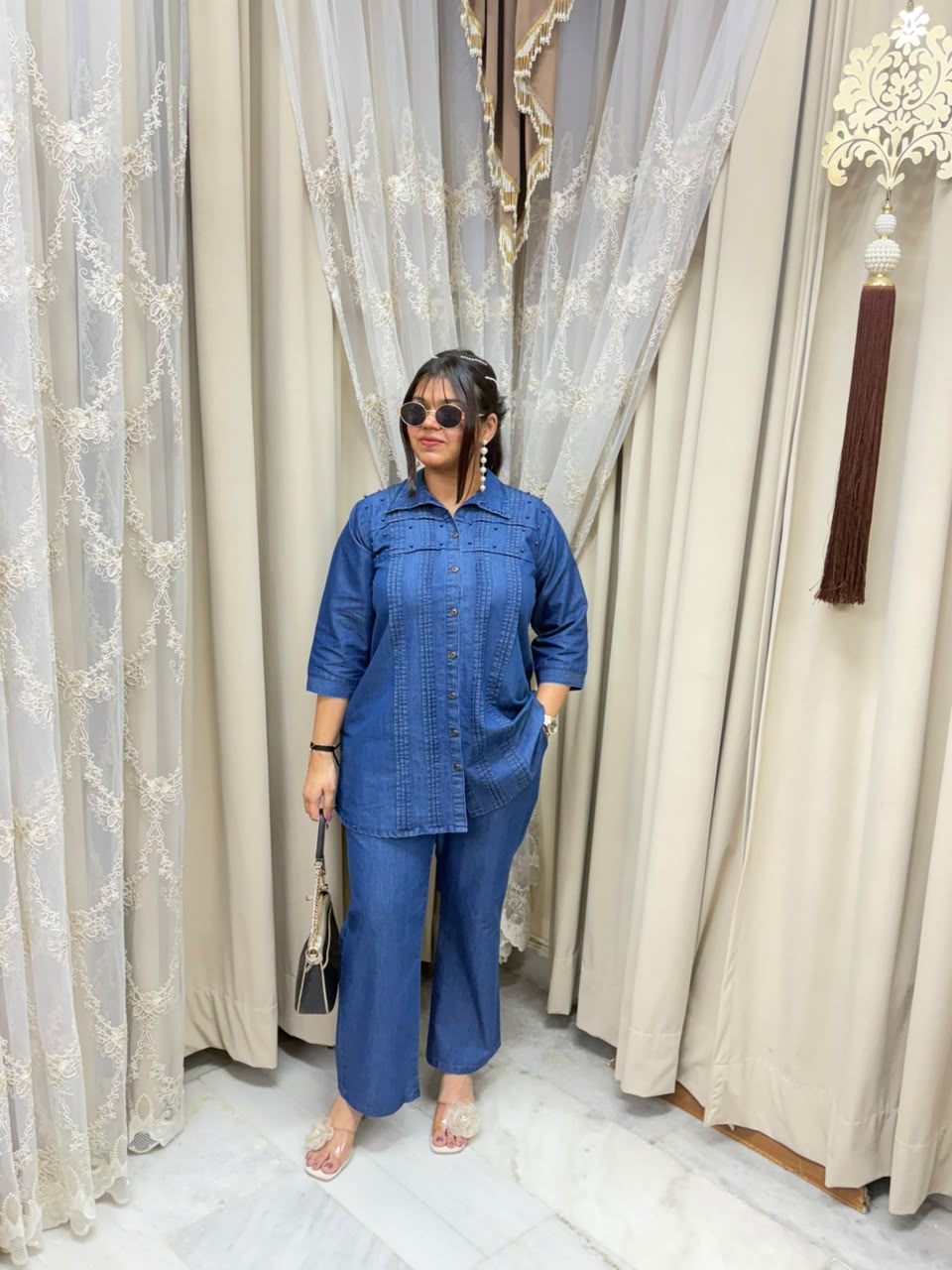 Elegant Soft Denim Pearl Co-ord Set with Pin-Tuck Details - Blue