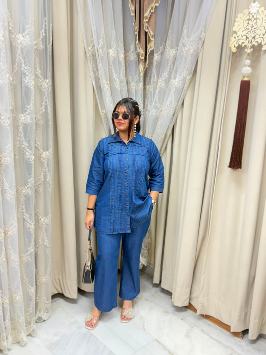 Elegant Soft Denim Pearl Co-ord Set with Pin-Tuck Details - Blue