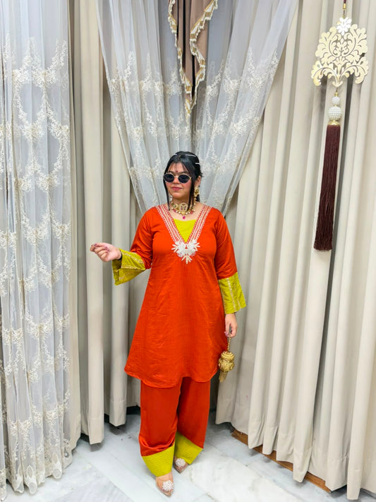 Designer Pure Cotton Silk Farshi Co-ord Set with Embroidery