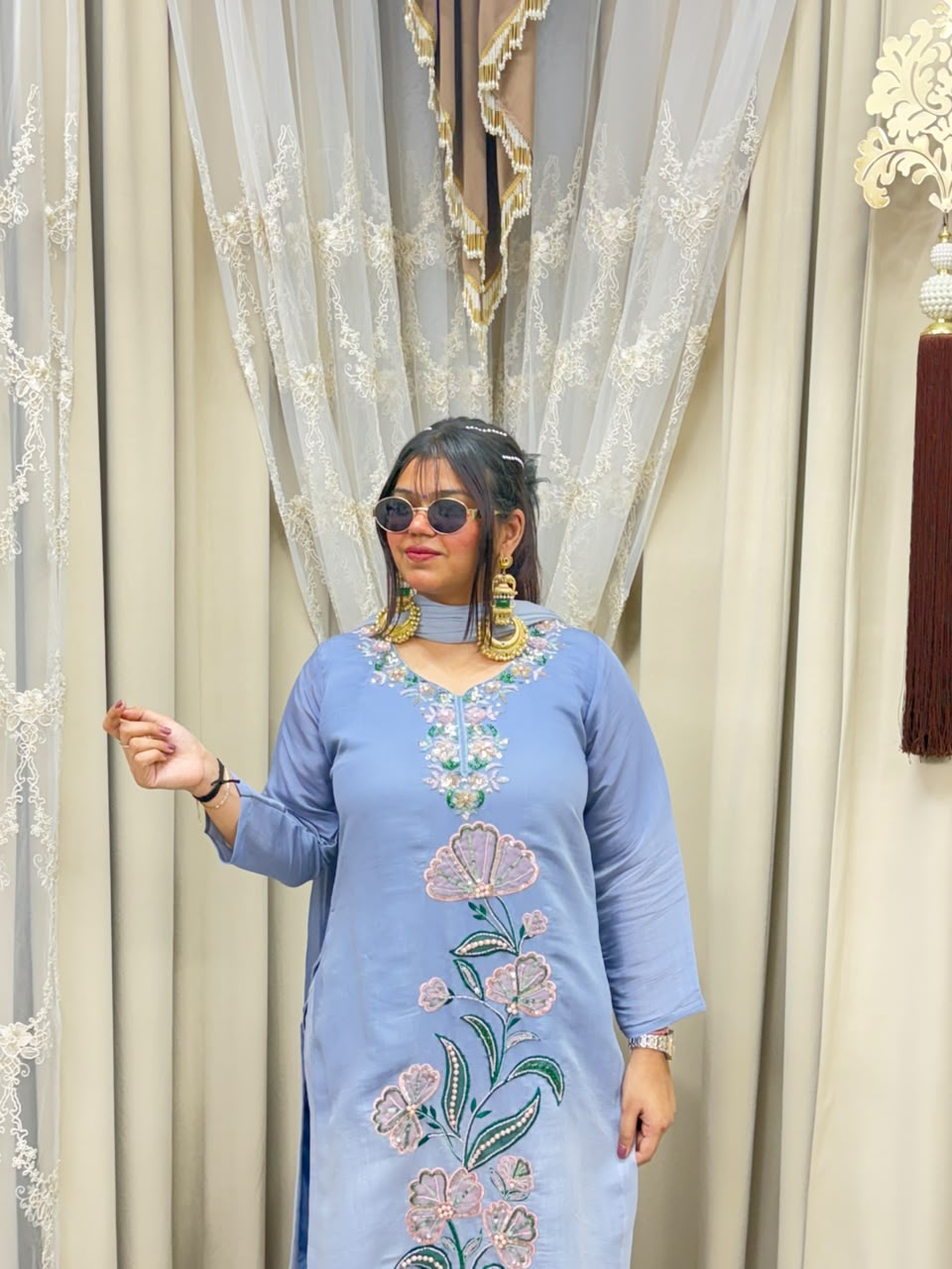 Designer ISHQ Suit Set - Double Shade Cotton Silk with Jewellery Work