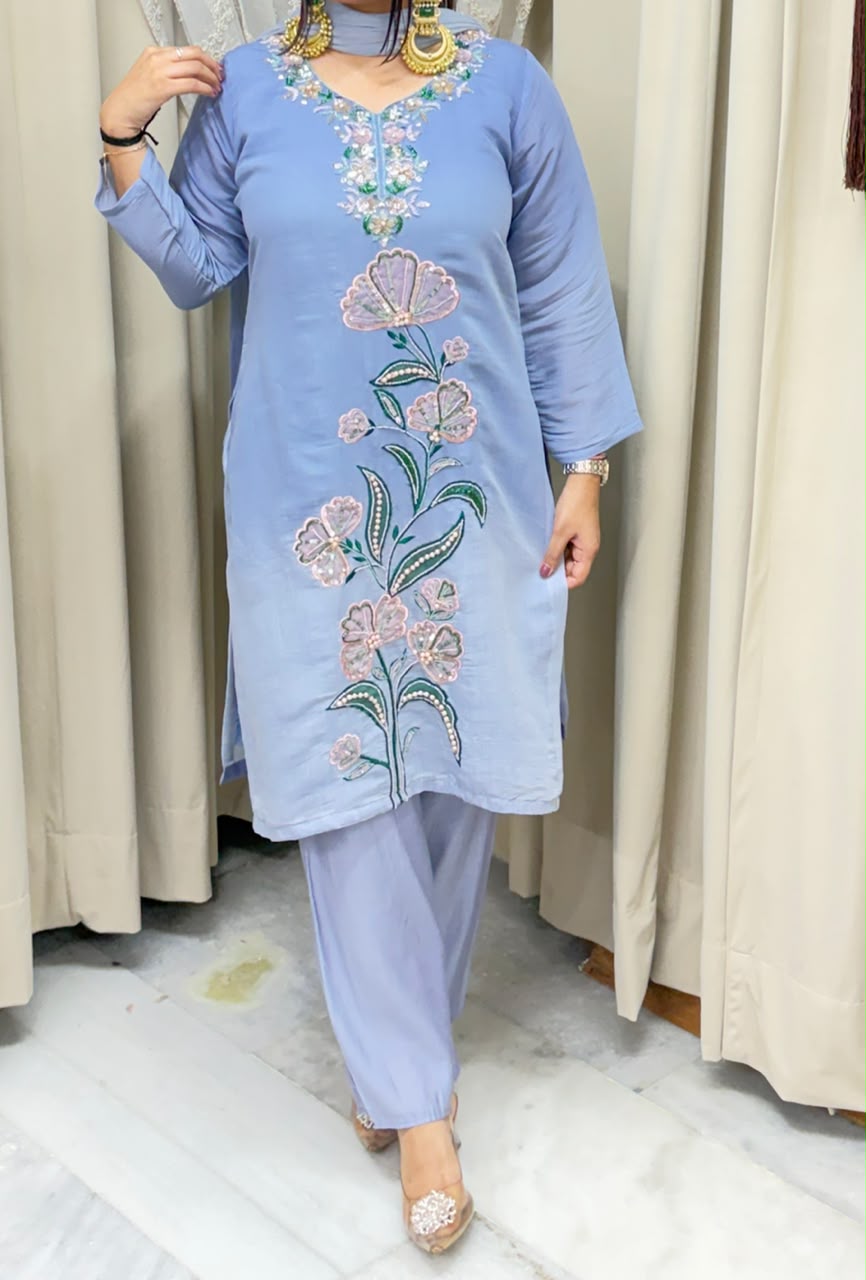Designer ISHQ Suit Set - Double Shade Cotton Silk with Jewellery Work
