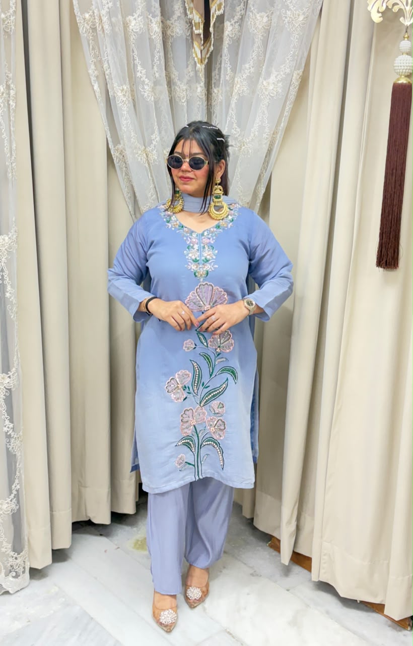 Designer ISHQ Suit Set - Double Shade Cotton Silk with Jewellery Work