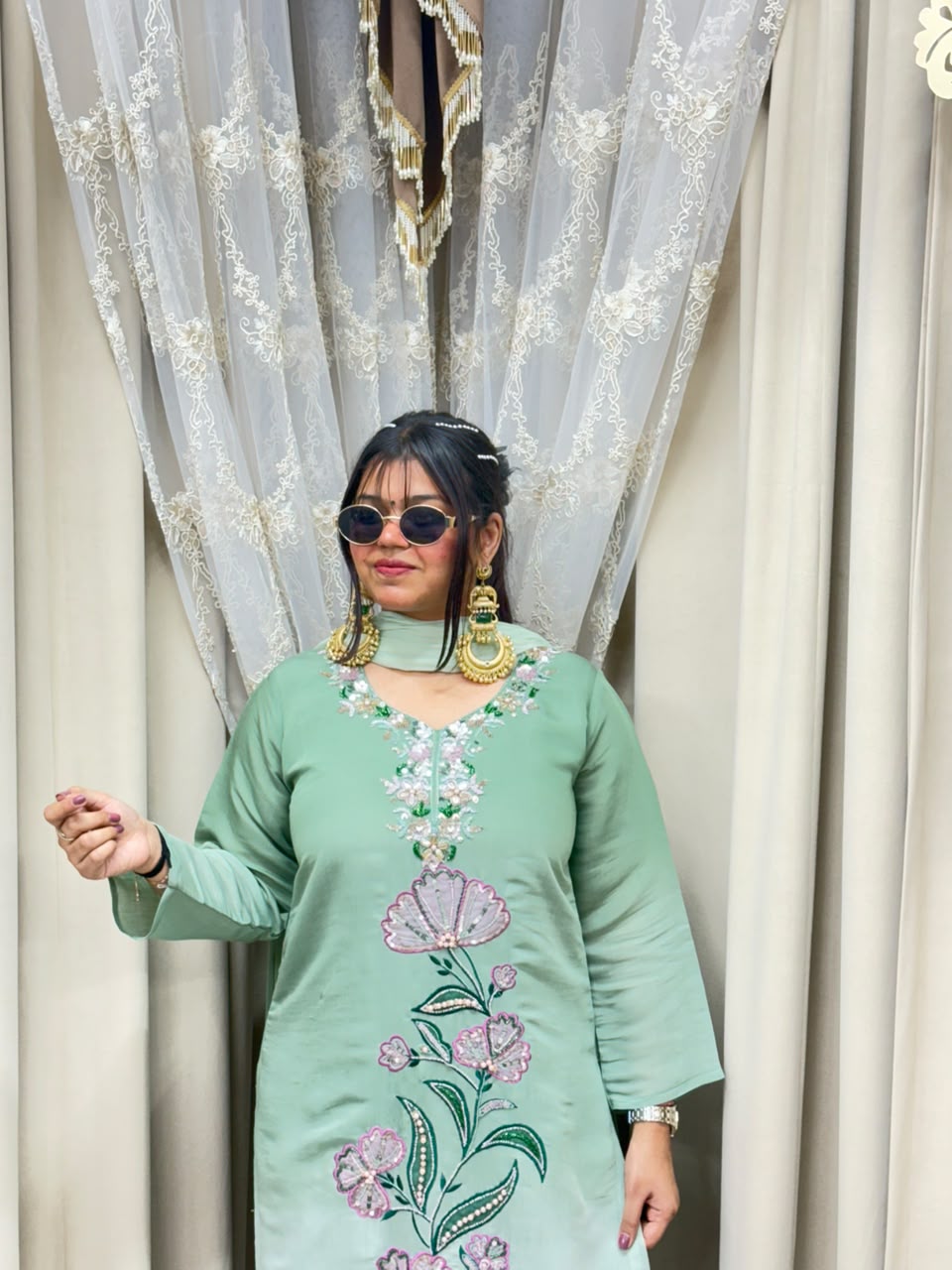 Designer ISHQ Suit Set - Double Shade Cotton Silk with Jewellery Work