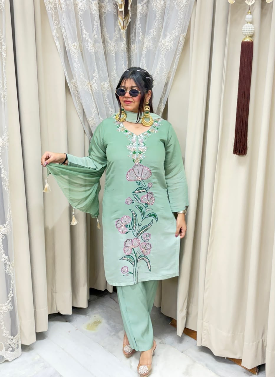 Designer ISHQ Suit Set - Double Shade Cotton Silk with Jewellery Work